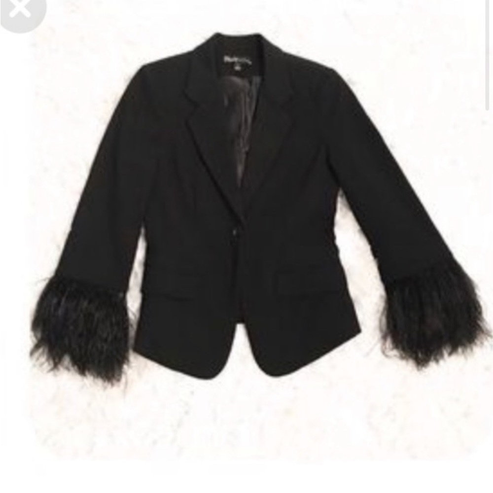 Elizabeth and James Black Blazer with Feather Cuffs